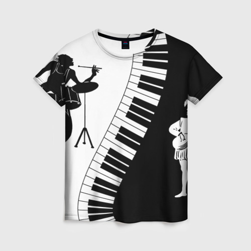 Женская футболка 3D с принтом Черно Белое пианино, вид спереди #2