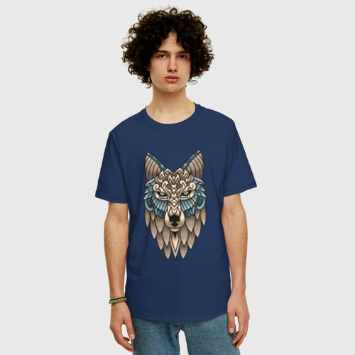 Мужская футболка хлопок Oversize с принтом Волк орнамент, фото на моделе #1
