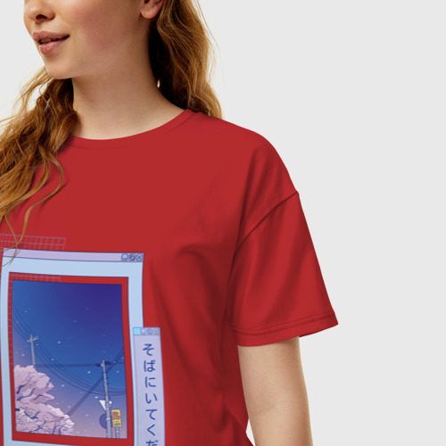 Женская футболка хлопок Oversize Vaporwave Аниме Пейзаж, цвет красный - фото 3
