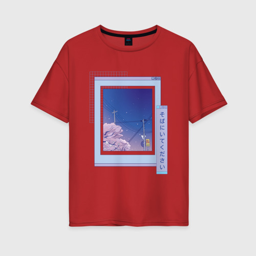 Женская футболка хлопок Oversize Vaporwave Аниме Пейзаж, цвет красный