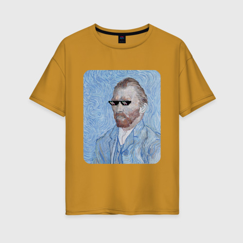 Женская футболка хлопок Oversize Ван Гог в очках, цвет горчичный