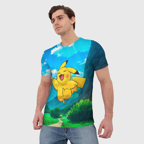 Мужская футболка 3D с принтом Радостный Пикачу в прыжке, фото на моделе #1