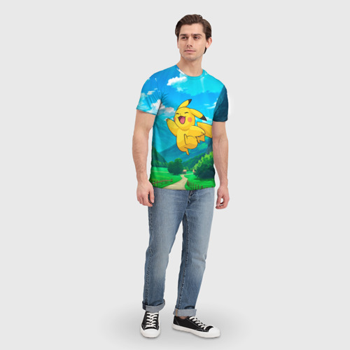 Мужская футболка 3D с принтом Радостный Пикачу в прыжке, вид сбоку #3