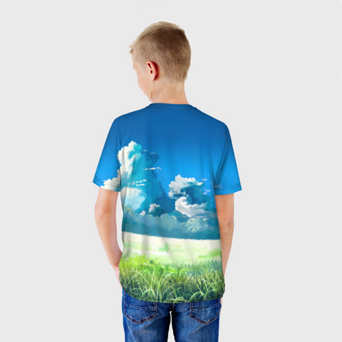 Детская футболка 3D с принтом Пикачу на природе, вид сзади #2