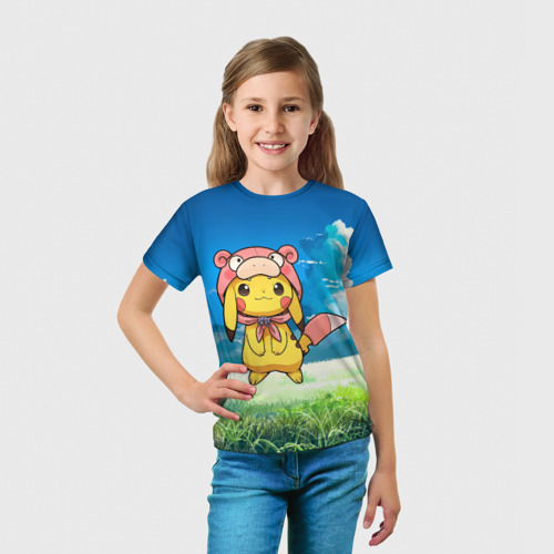 Детская футболка 3D с принтом Пикачу на природе, вид сбоку #3