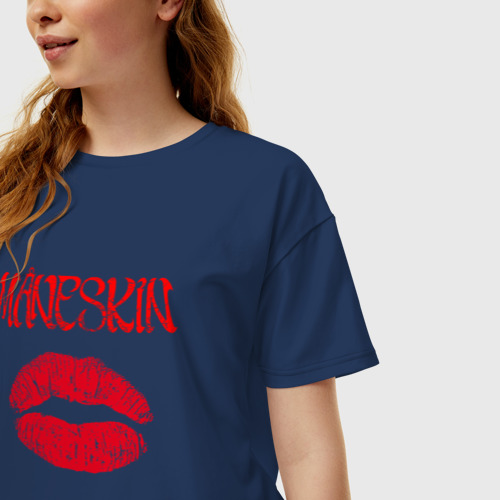 Женская футболка хлопок Oversize Maneskin kiss, цвет темно-синий - фото 3