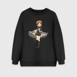 Женский свитшот oversize без начеса хлопок Аниме девушка танкистка в ушанке