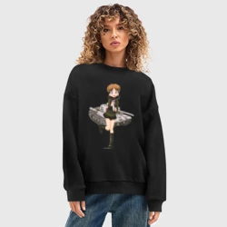 Женский свитшот oversize без начеса хлопок Аниме девушка танкистка в ушанке - фото 2