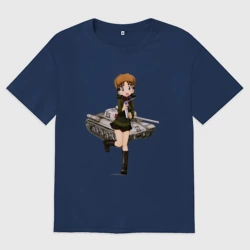 Женская футболка хлопок Oversize Аниме девушка танкистка в ушанке
