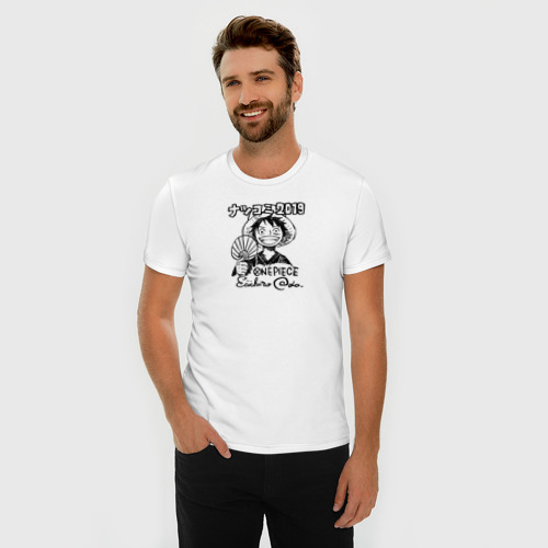 Мужская футболка хлопок Slim Улыбка Луффи с веером One Piece, цвет белый - фото 3