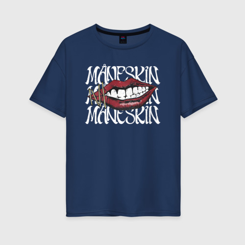 Женская футболка хлопок Oversize Maneskin Lips, цвет темно-синий