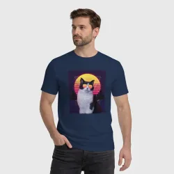 Мужская футболка хлопок Synthwave cat in glass - фото 2