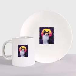 Набор: тарелка + кружка Synthwave cat in glass