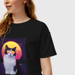 Женская футболка хлопок Oversize Synthwave cat in glass - фото 2