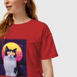 Женская футболка хлопок Oversize Synthwave cat in glass - фото 2