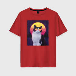 Женская футболка хлопок Oversize Synthwave cat in glass