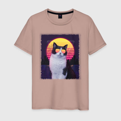 Мужская футболка хлопок Synthwave cat in glass, цвет пыльно-розовый