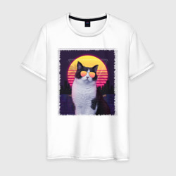 Мужская футболка хлопок Synthwave cat in glass
