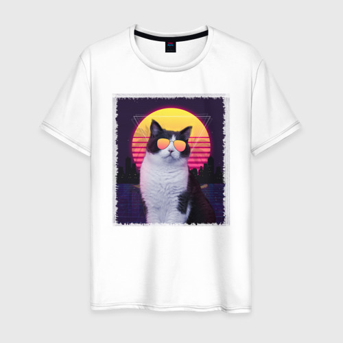 Мужская футболка из хлопка с принтом Synthwave cat in glass, вид спереди №1