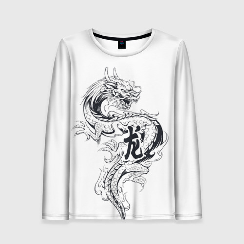 Женский лонгслив с принтом Китайский дракон на белом фоне, вид спереди №1