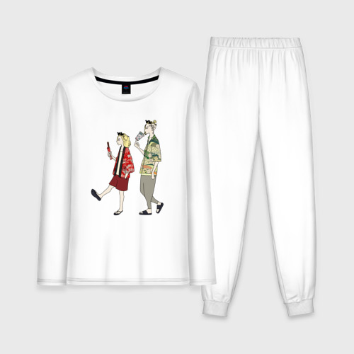 Женская пижама с лонгсливом хлопок Два друга Микки и Дракен, цвет белый