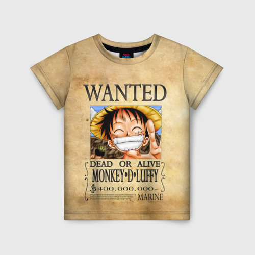 Детская футболка с принтом Манки Д. Луффи в розыске One Piece, вид спереди №1