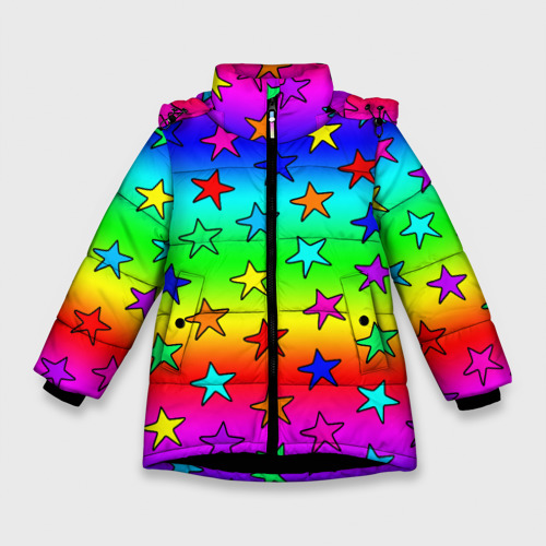Зимняя куртка для девочек с принтом Радужные звезды, вид спереди №1