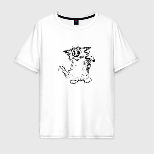 Мужская футболка хлопок Oversize с принтом Котенок с вилкой и сосиской, вид спереди #2