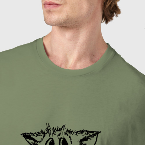 Мужская футболка хлопок с принтом Котенок с вилкой и сосиской, фото #4