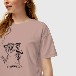 Женская футболка хлопок Oversize Котенок с вилкой и сосиской - фото 2