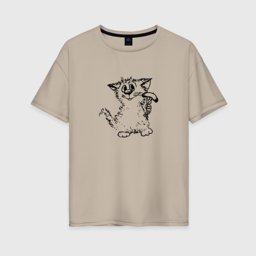 Женская футболка хлопок Oversize с принтом Котенок с вилкой и сосиской, вид спереди #2