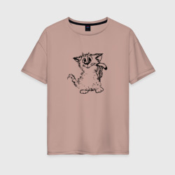 Женская футболка хлопок Oversize Котенок с вилкой и сосиской