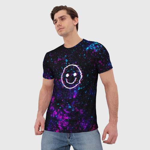 Мужская футболка 3D с принтом GLITCH SMILE | ГЛИТЧ СМАЙЛ, фото на моделе #1