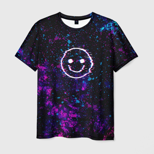 Мужская футболка 3D с принтом GLITCH SMILE | ГЛИТЧ СМАЙЛ, вид спереди #2