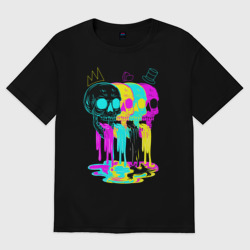 Мужская футболка хлопок Oversize 4 черепа skulls neon