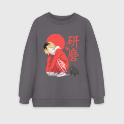 Женский свитшот oversize без начеса хлопок Кенма Козуме с котиком Haikyuu