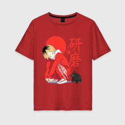 Женская футболка хлопок Oversize Кенма Козуме с котиком Haikyuu