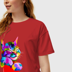 Женская футболка хлопок Oversize Радужный котик Rainbow kitty - фото 2