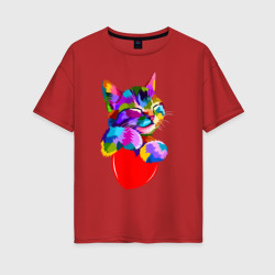 Женская футболка хлопок Oversize Радужный котик Rainbow kitty