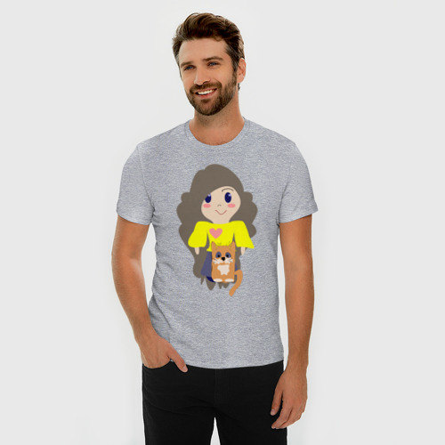 Мужская футболка хлопок Slim Малышка с котиком, цвет меланж - фото 3