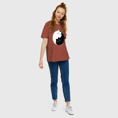 Женская футболка хлопок Oversize с принтом Инь Ян Котики, вид сбоку #3