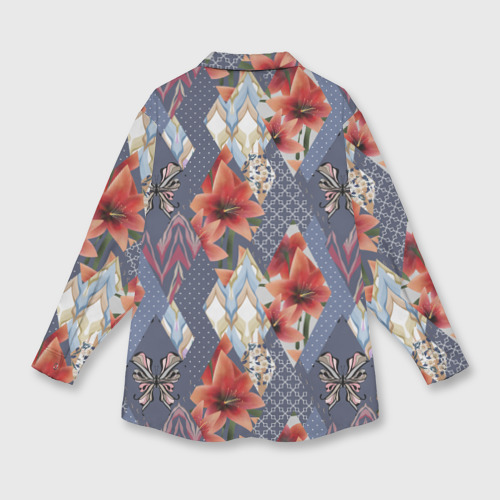 Женская рубашка oversize 3D с принтом Оранжево серый деревенский пэчворк, вид сзади #1