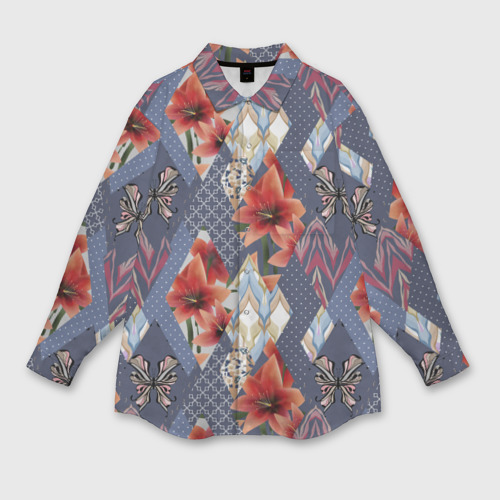 Женская рубашка oversize 3D с принтом Оранжево серый деревенский пэчворк, вид спереди #2