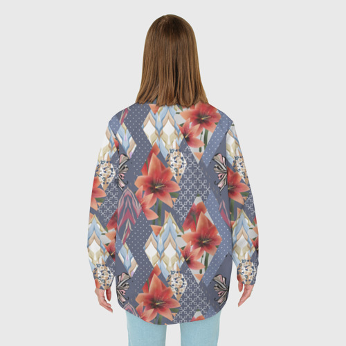 Женская рубашка oversize 3D с принтом Оранжево серый деревенский пэчворк, вид сзади #2
