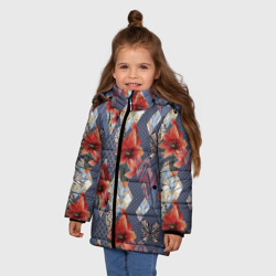 Зимняя куртка для девочек 3D Оранжево серый деревенский пэчворк - фото 2