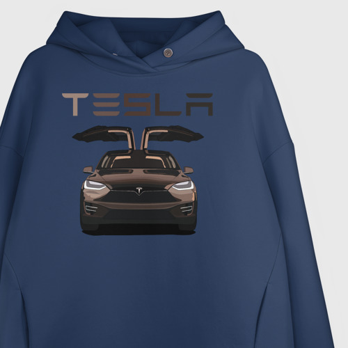 Женское худи Oversize хлопок Tesla model X Skylik, цвет темно-синий - фото 3