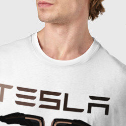 Футболка с принтом Tesla model X Skylik для мужчины, вид на модели спереди №4. Цвет основы: белый