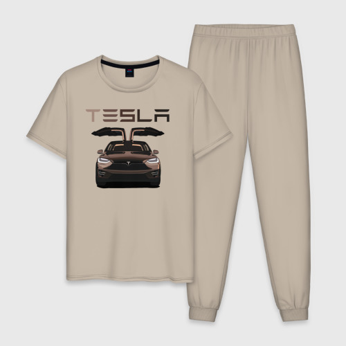 Мужская пижама хлопок Tesla model X Skylik, цвет миндальный