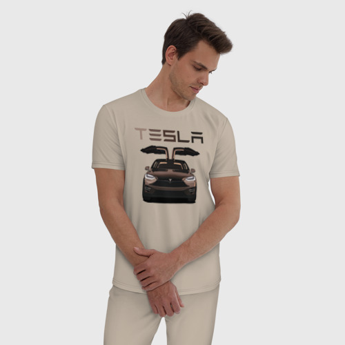 Мужская пижама хлопок Tesla model X Skylik, цвет миндальный - фото 3