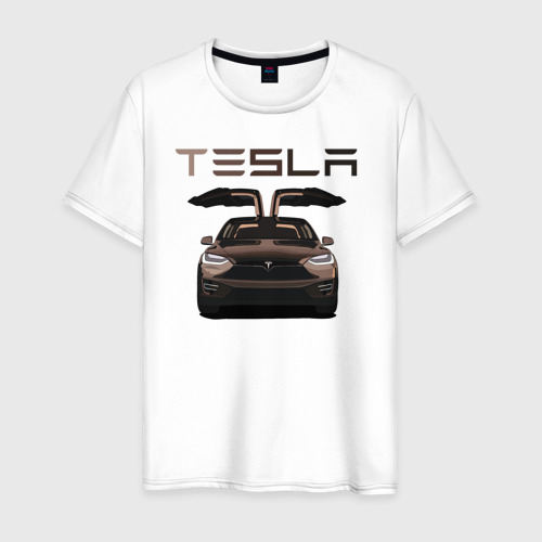 Мужская футболка из хлопка с принтом Tesla model X Skylik, вид спереди №1